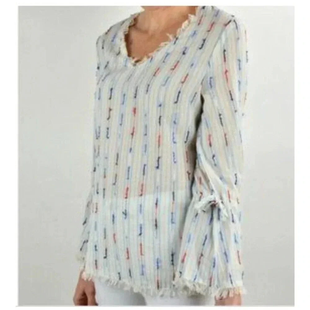 Anthropologie Drew Long Sleeve Boho Stripe Top Fringe‎ Hem V-Neck Size S